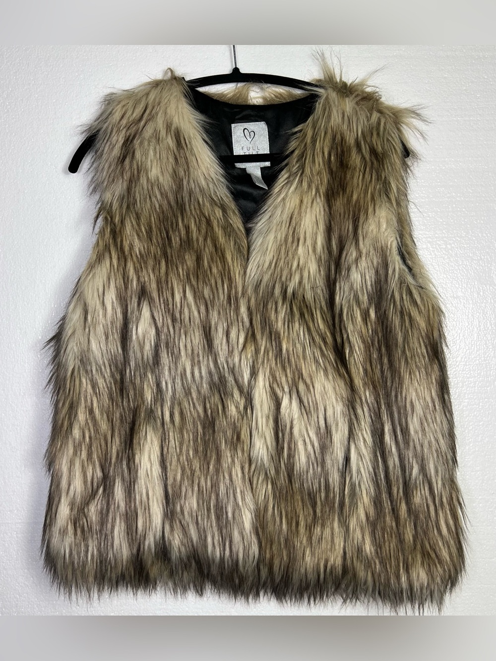 Full Tilt Medium Faux Fur Shaggy Vest Beige Brown Boho Y2K Festival Layering